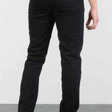 Men's black jeans, back view with belt loops and rear pockets, straight leg
