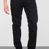 Men's black jeans, front view with belt loops and straight leg, relaxed fit