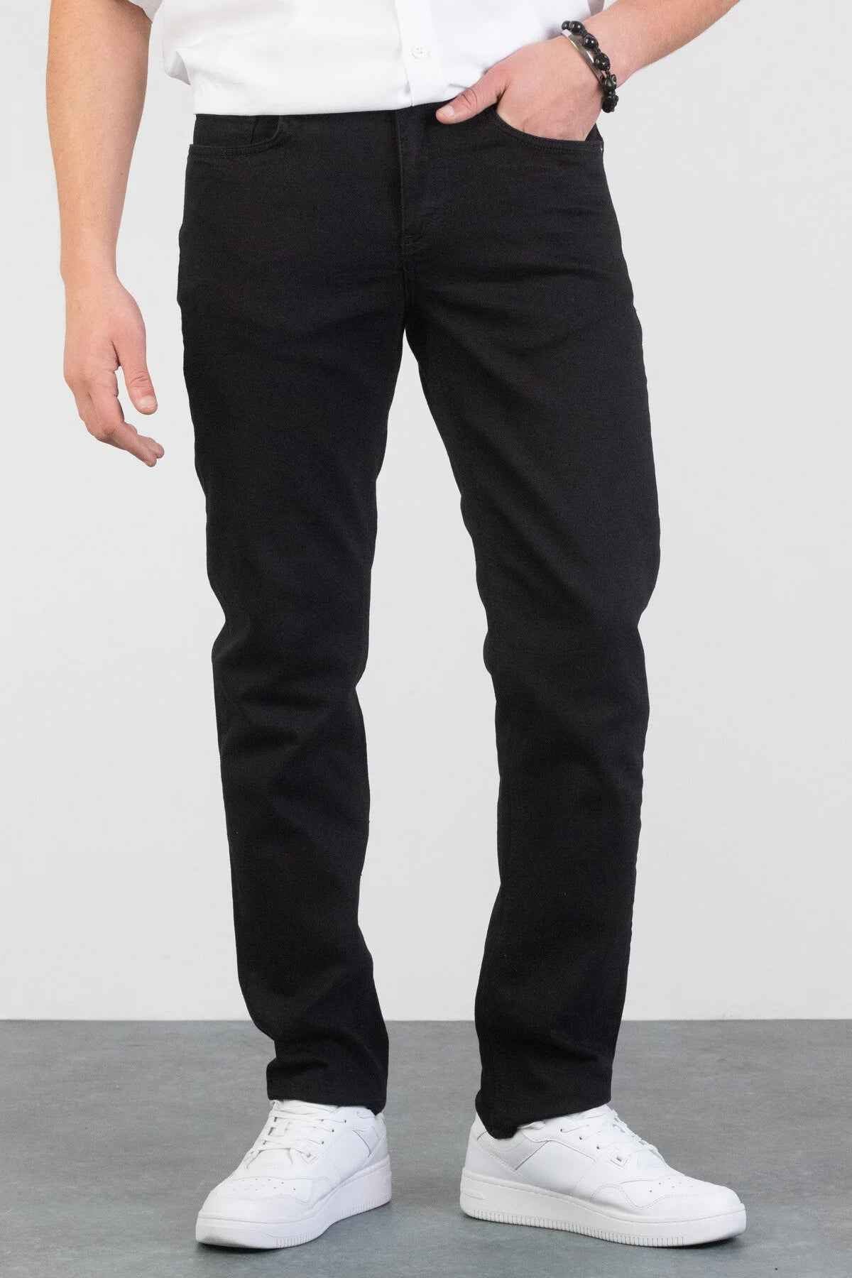 Men's black jeans, front view with belt loops and straight leg, relaxed fit