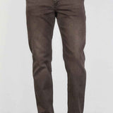 Men's dark brown jeans with belt loops, zip fly, and five-pocket styling.