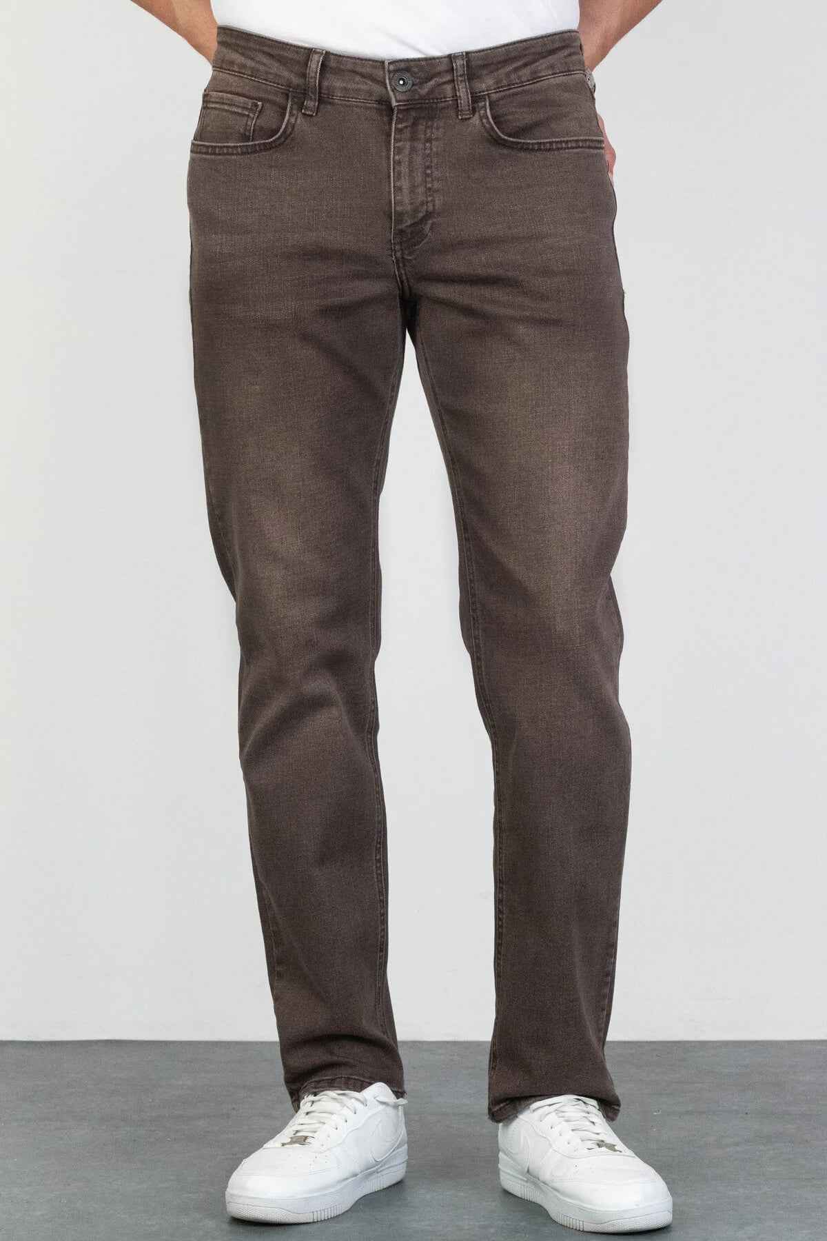 Men's dark brown jeans with belt loops, zip fly, and five-pocket styling.