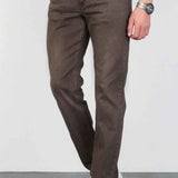 Men's dark brown jeans, slim straight leg with front and side pockets.
