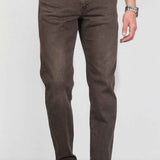 Men's dark brown jeans with button closure, front pocket, and stitched seams.