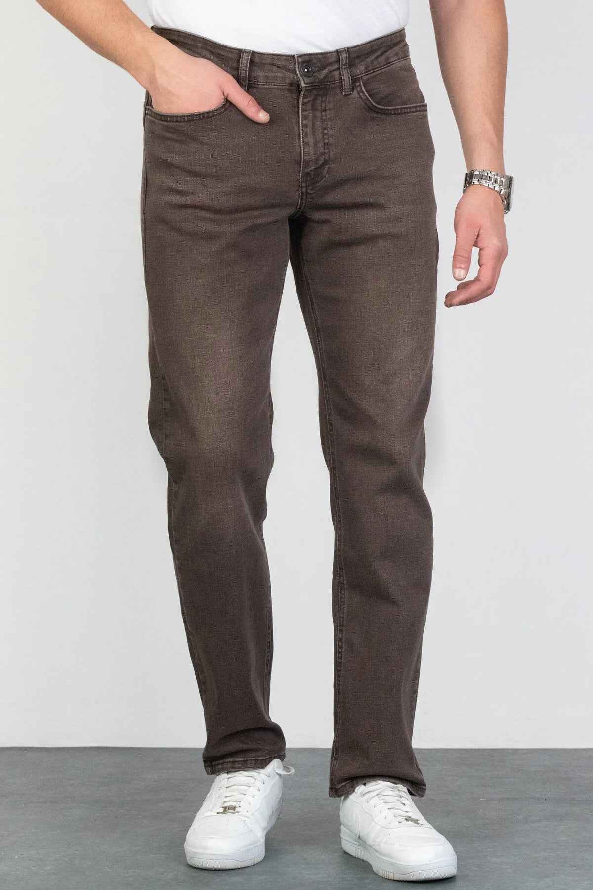 Men's dark brown jeans with button closure, front pocket, and stitched seams.