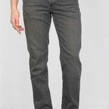Men's gray jeans with belt loops and five-pocket styling, straight fit