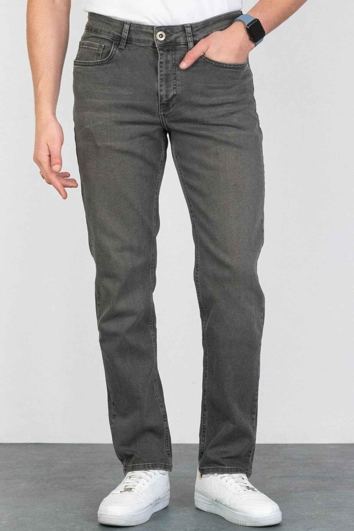 Men's gray jeans with belt loops and five-pocket styling, straight fit