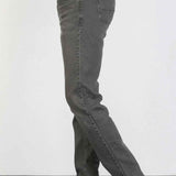 Men's gray jeans, side view with coin pocket and stitched seams