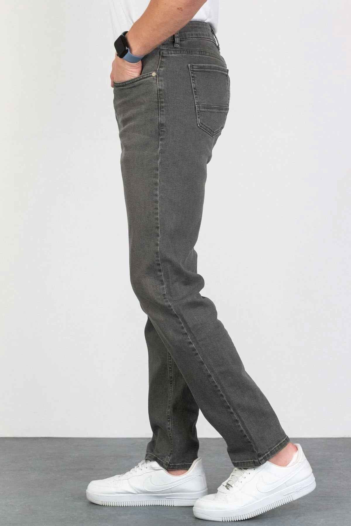 Men's gray jeans, side view with coin pocket and stitched seams