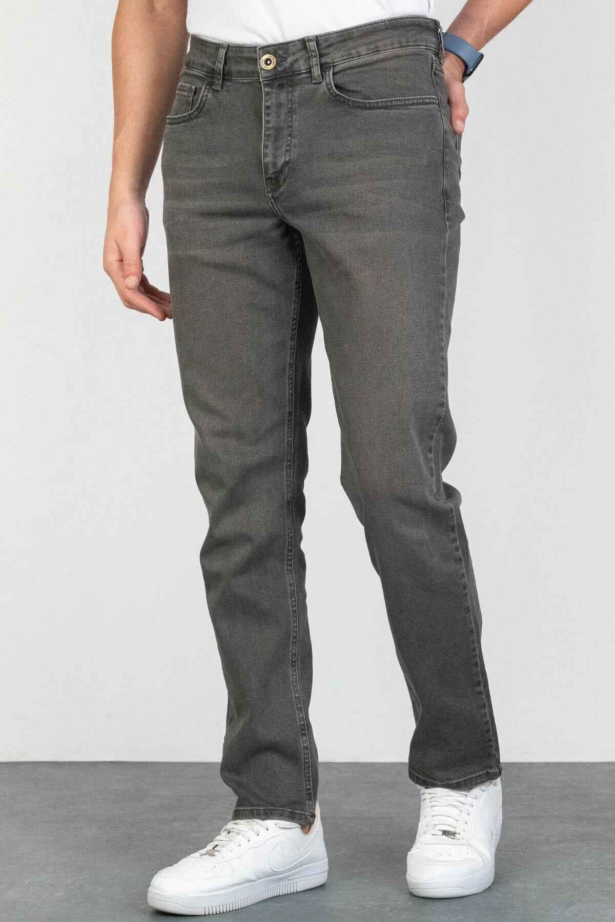 Men's gray jeans with button closure, belt loops, and front pockets