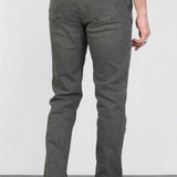 Men's gray jeans with rear patch pockets, straight-leg cut, belt loops