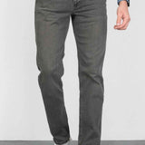 Men's gray jeans with button fly, straight legs, front pockets