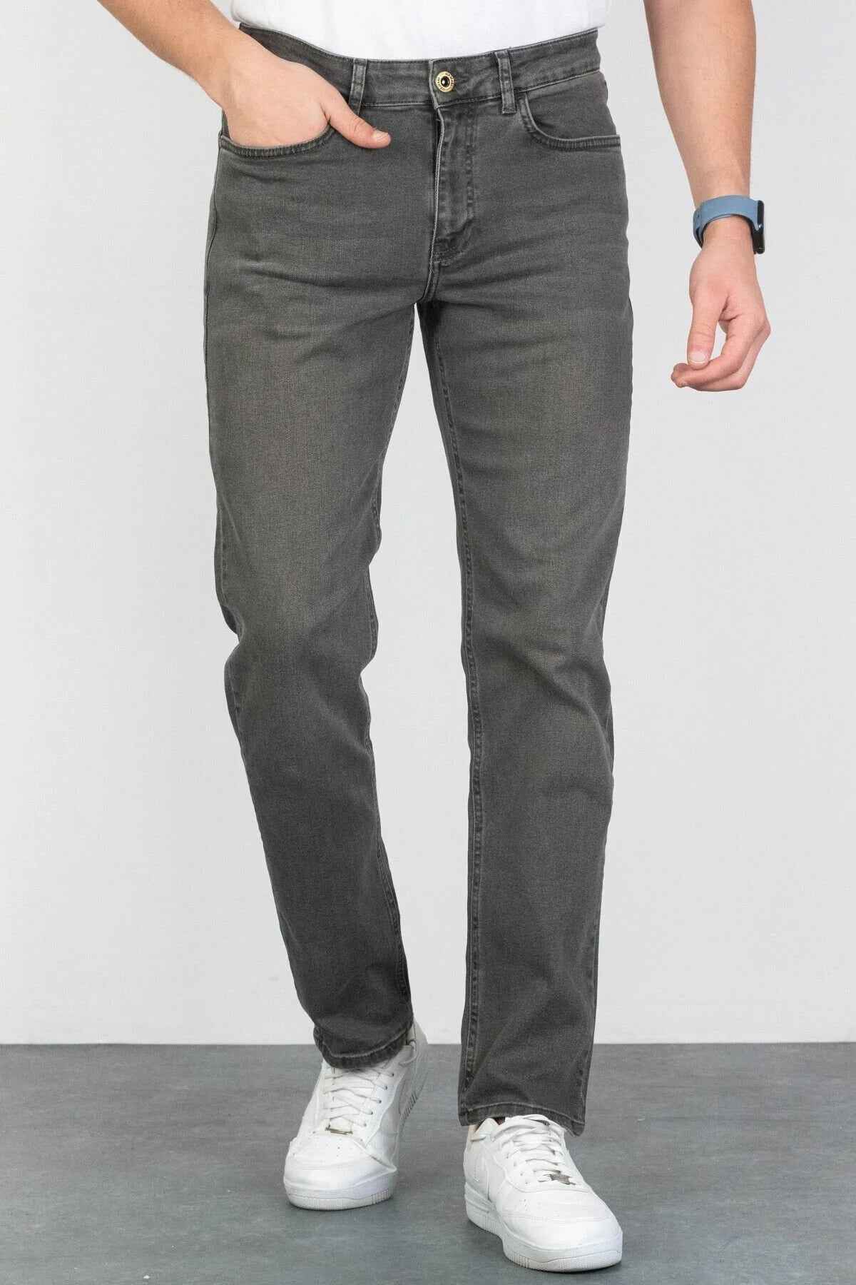 Men's gray jeans with button fly, straight legs, front pockets