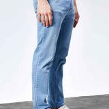 Light blue straight-leg jeans with front zipper and five-pocket design