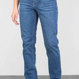 Light blue men's jeans, straight leg with button waist