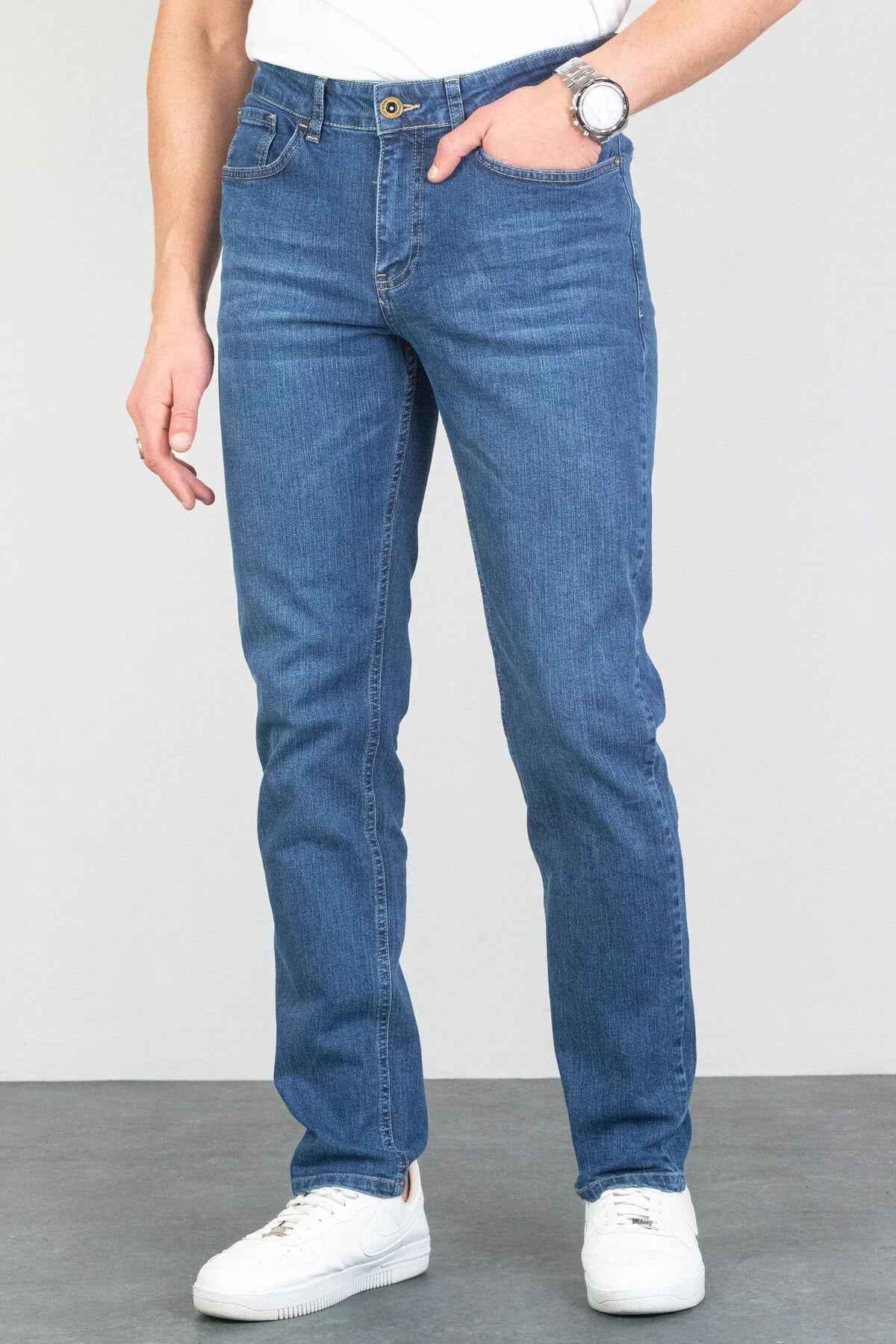 Light blue men's jeans, straight leg with button waist