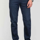 Men's navy jeans, straight fit with five-pocket styling and belt loops