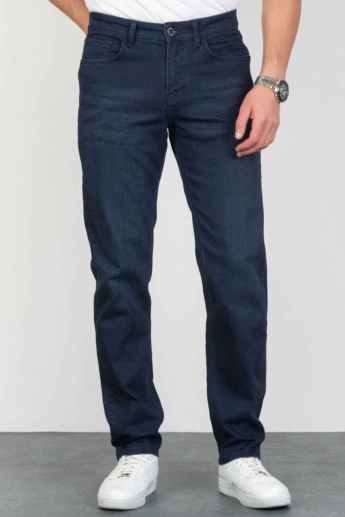 Men's navy jeans, straight fit with five-pocket styling and belt loops