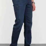 Men's navy jeans, straight leg with five-pocket design and belt loops