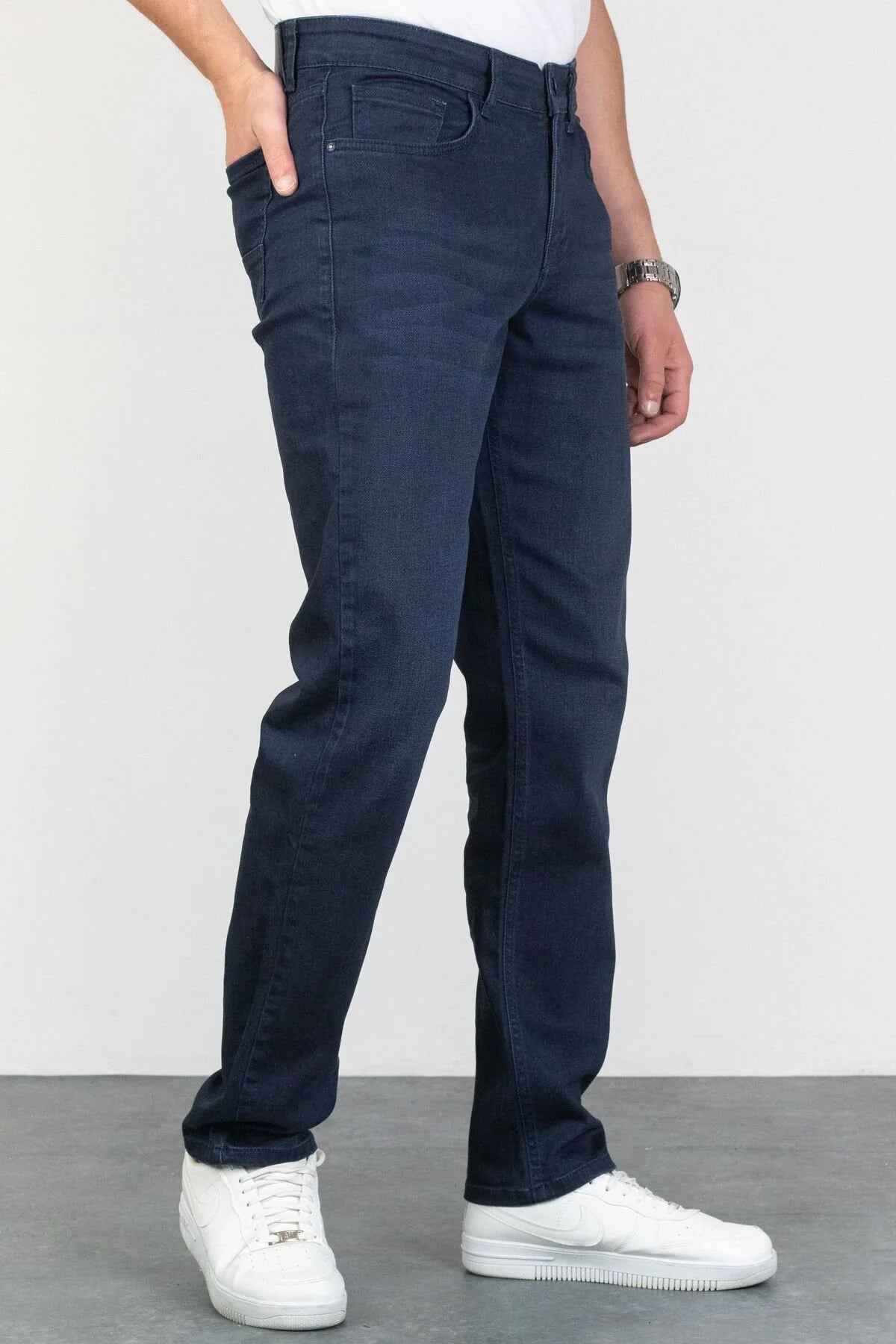 Men's navy jeans, straight leg with five-pocket design and belt loops