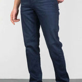 Men's navy jeans, front view with belt loops and five-pocket styling