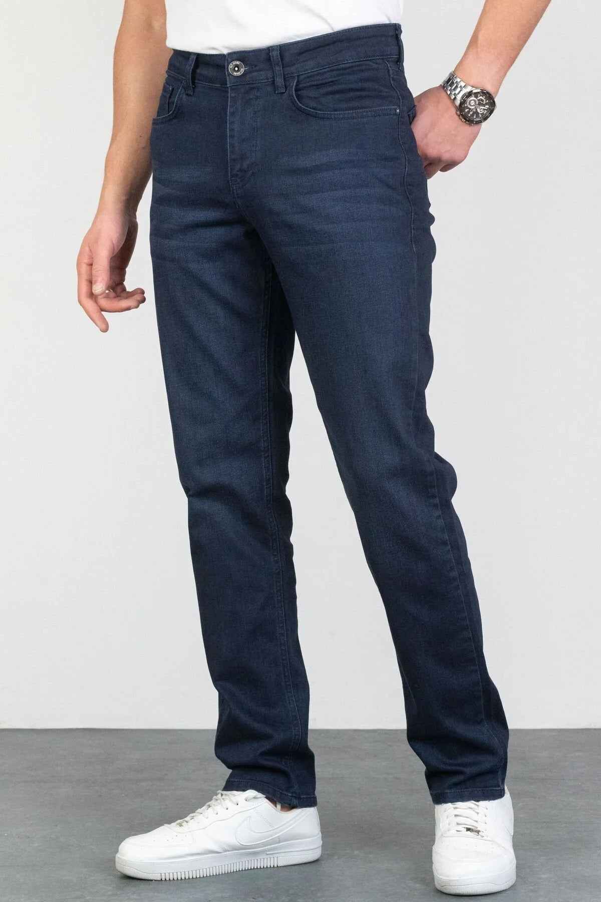 Men's navy jeans, front view with belt loops and five-pocket styling
