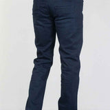 Men's navy jeans, back view with belt loops and rear yoke seams