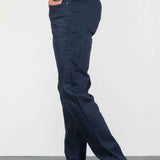 Men's navy jeans, side view with five pockets and clean hem