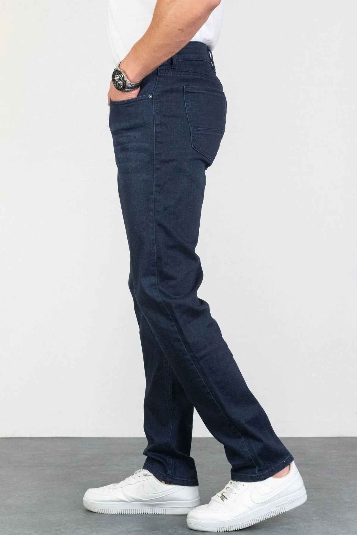 Men's navy jeans, side view with five pockets and clean hem