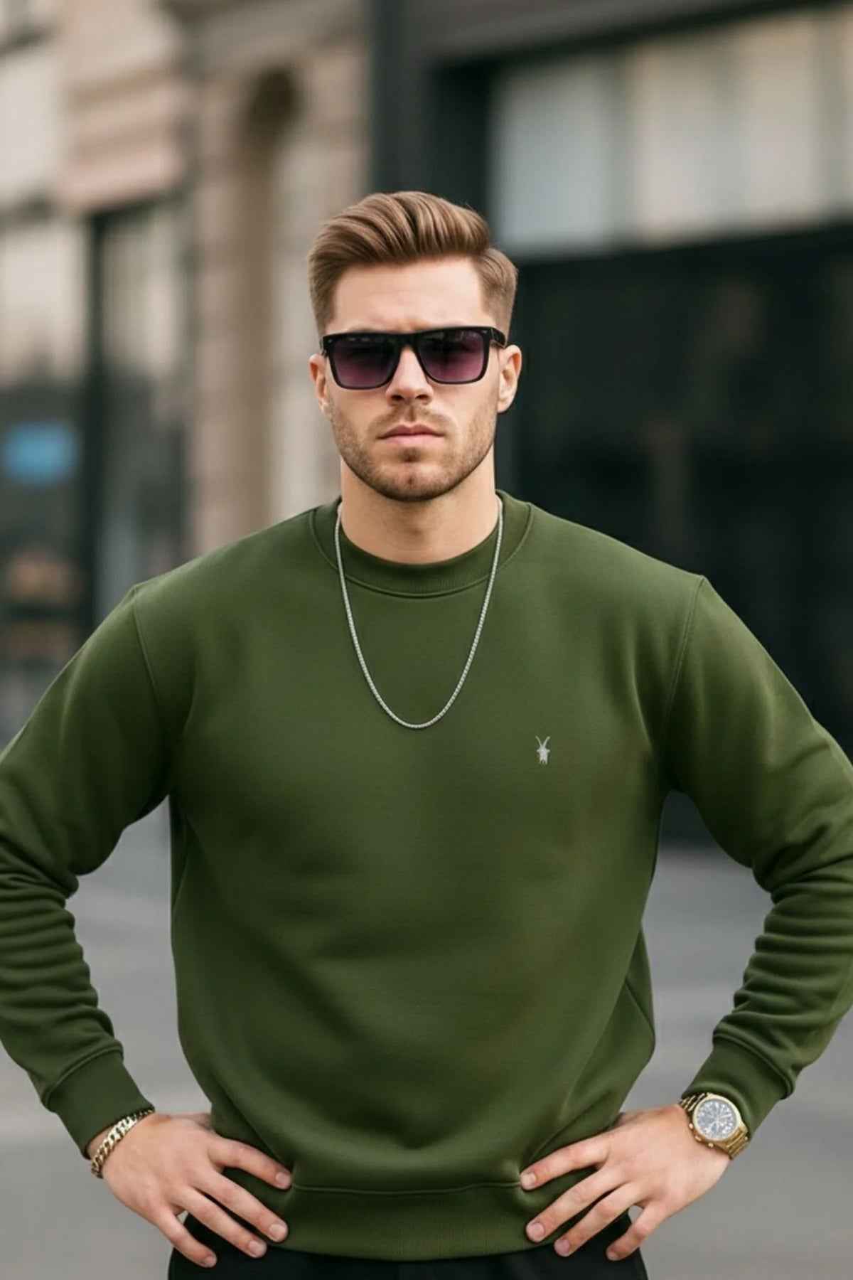 Men's crewneck sweatshirt with long sleeves and ribbed hem, small chest logo