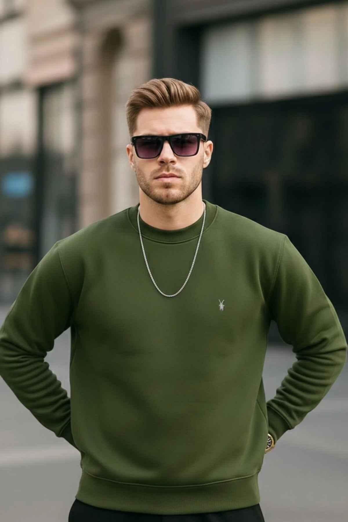 Men's crewneck sweatshirt with long sleeves and ribbed hem, small chest logo, front view