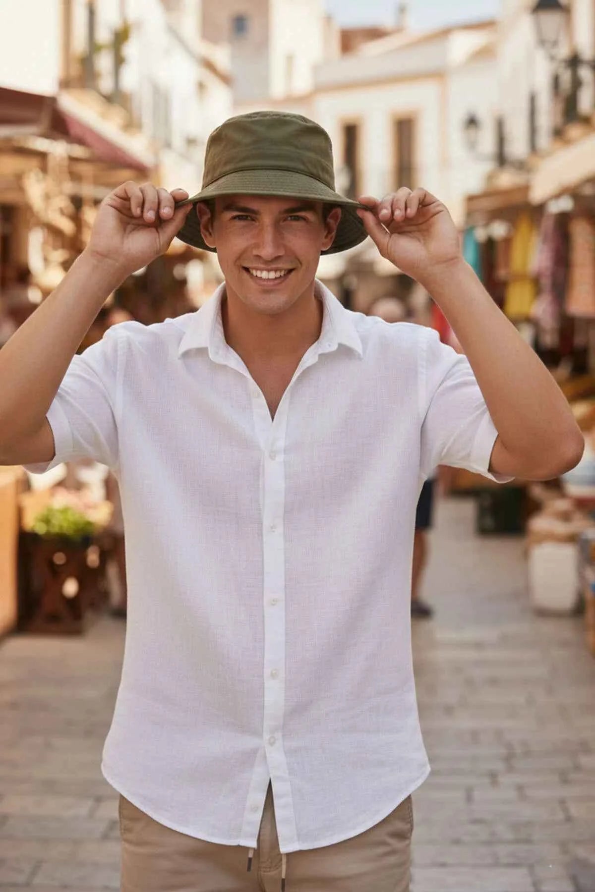Men's Ritar bucket hat, dark olive with wide brim and stitched crown.