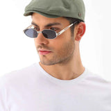 Men's khaki flat cap by Ritag, side view, curved brim and small logo badge