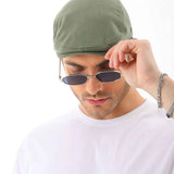 Men's khaki flat cap by Ritag, front view, curved brim and stitched crown