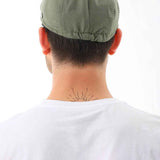 Men's khaki flat cap by Ritag, back view, gathered seam at the crown