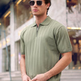 Men's olive half-zip knit polo shirt, short sleeves, ribbed placket