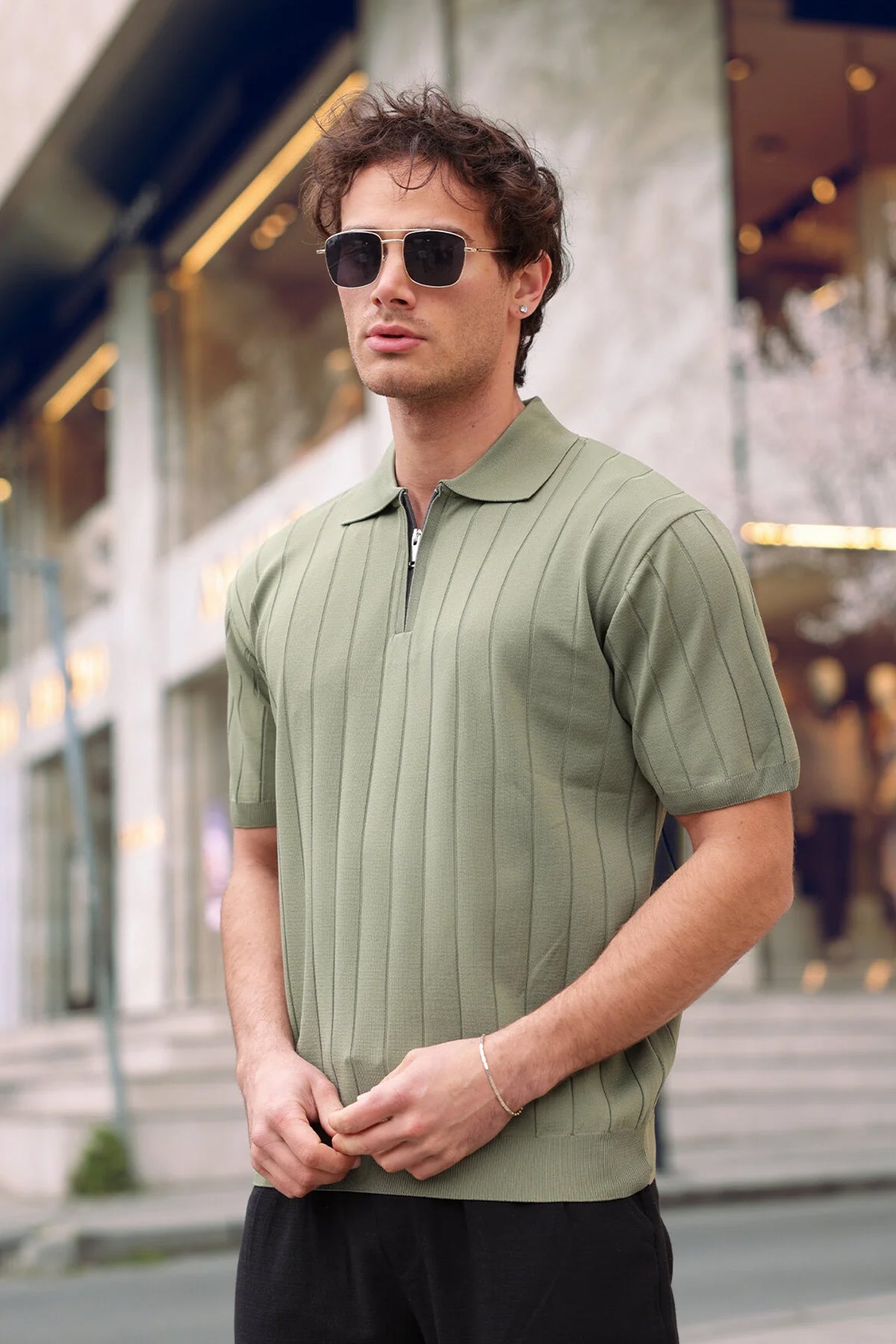 Men's olive half-zip knit polo shirt, short sleeves, ribbed placket