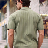 Men's olive half-zip knit polo shirt, short sleeves, back view