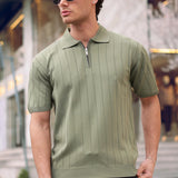 Men's olive half-zip knit polo shirt with polo collar and zip front