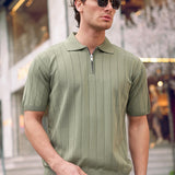 Men's olive half-zip knit polo shirt with short sleeves and polo collar