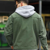 Men's oversized olive denim jacket, back view with button closure and seam details