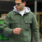 Men's oversized olive denim jacket with flap pockets and button front