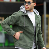 Men's oversized olive denim jacket with flap chest pockets and button front, LTC