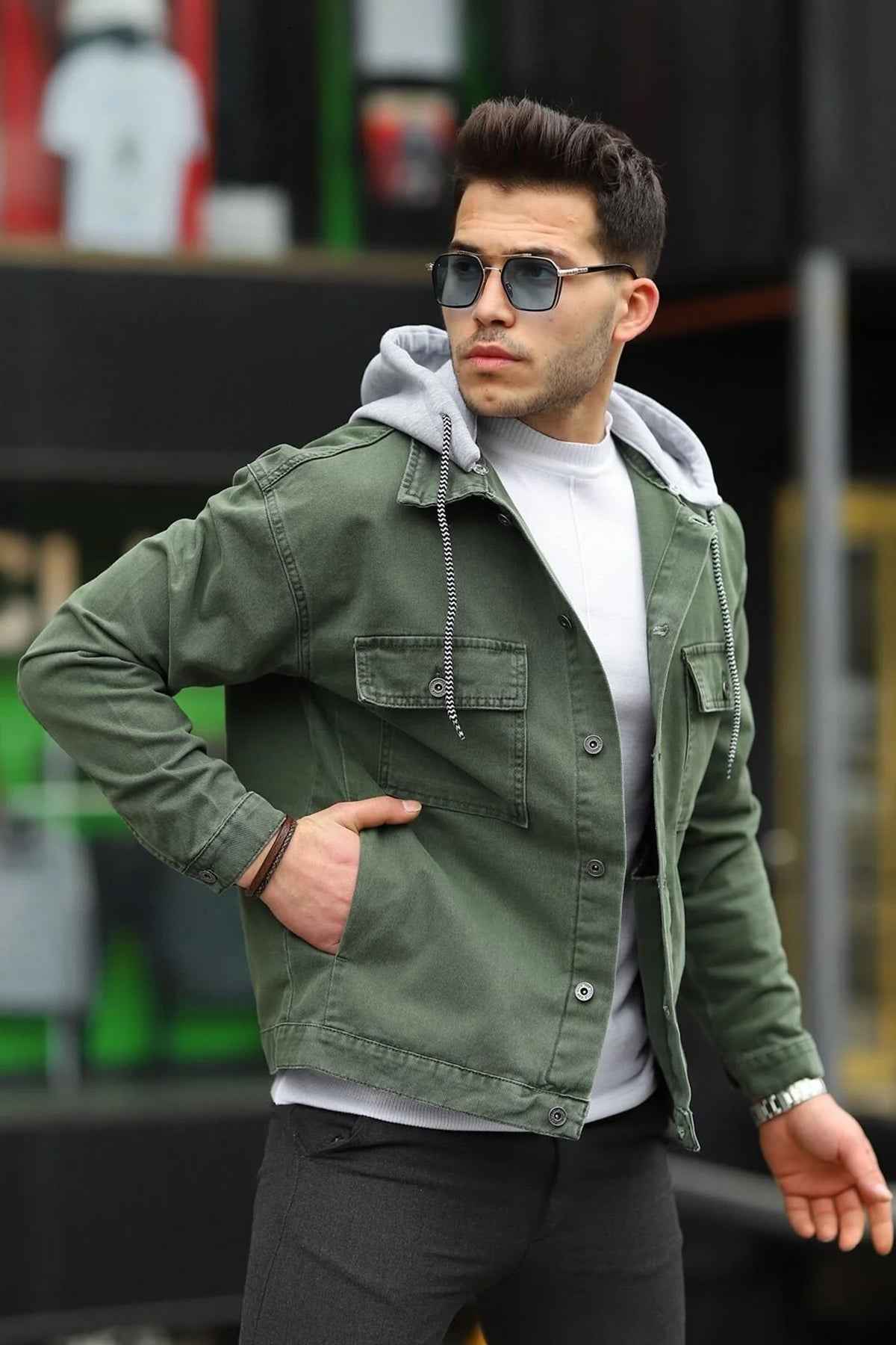Men's oversized olive denim jacket with flap chest pockets and button front, LTC