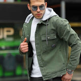 Men's oversized olive denim jacket with flap chest pocket and button front