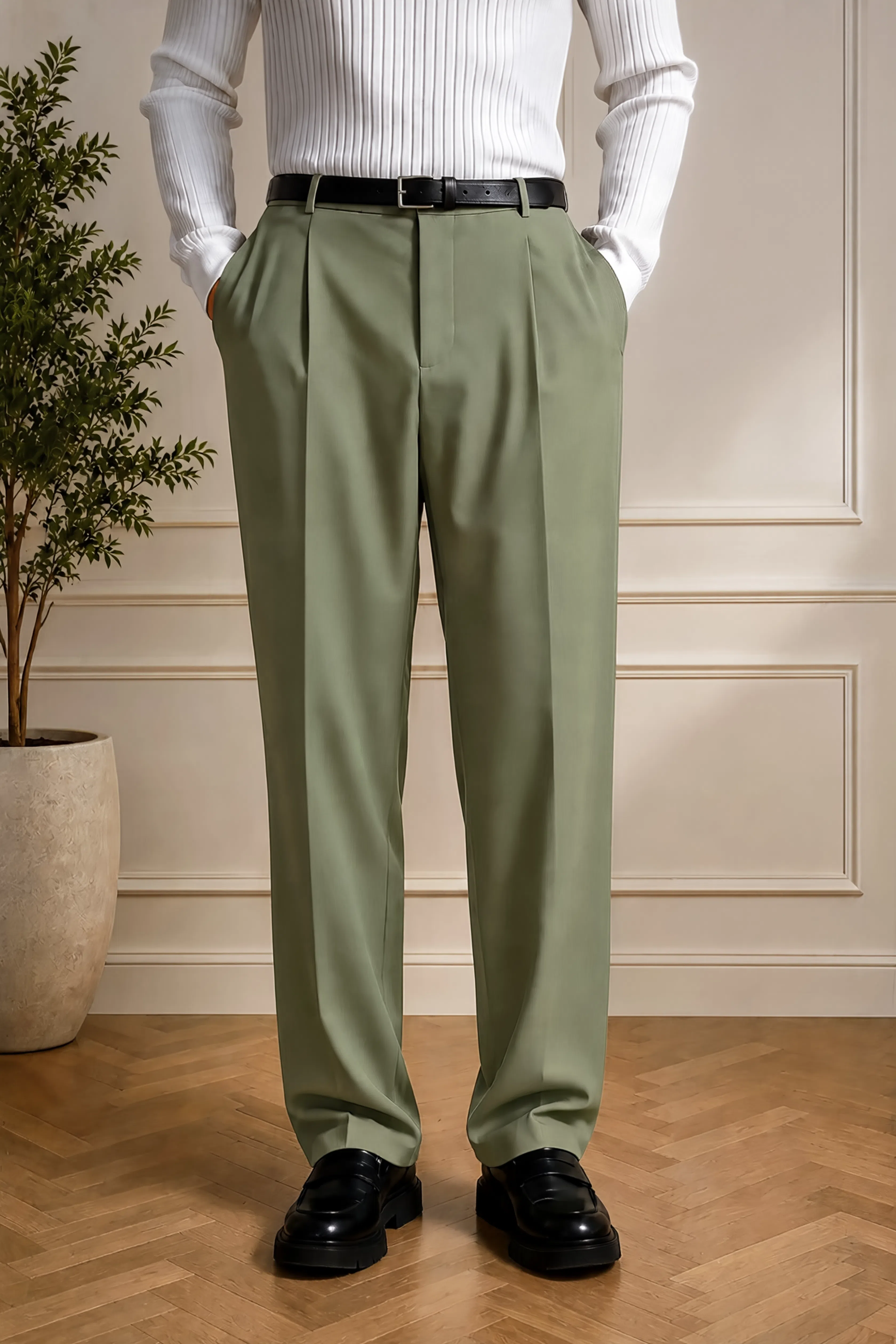 Men's olive dress pants with black belt, front pleats, and straight legs