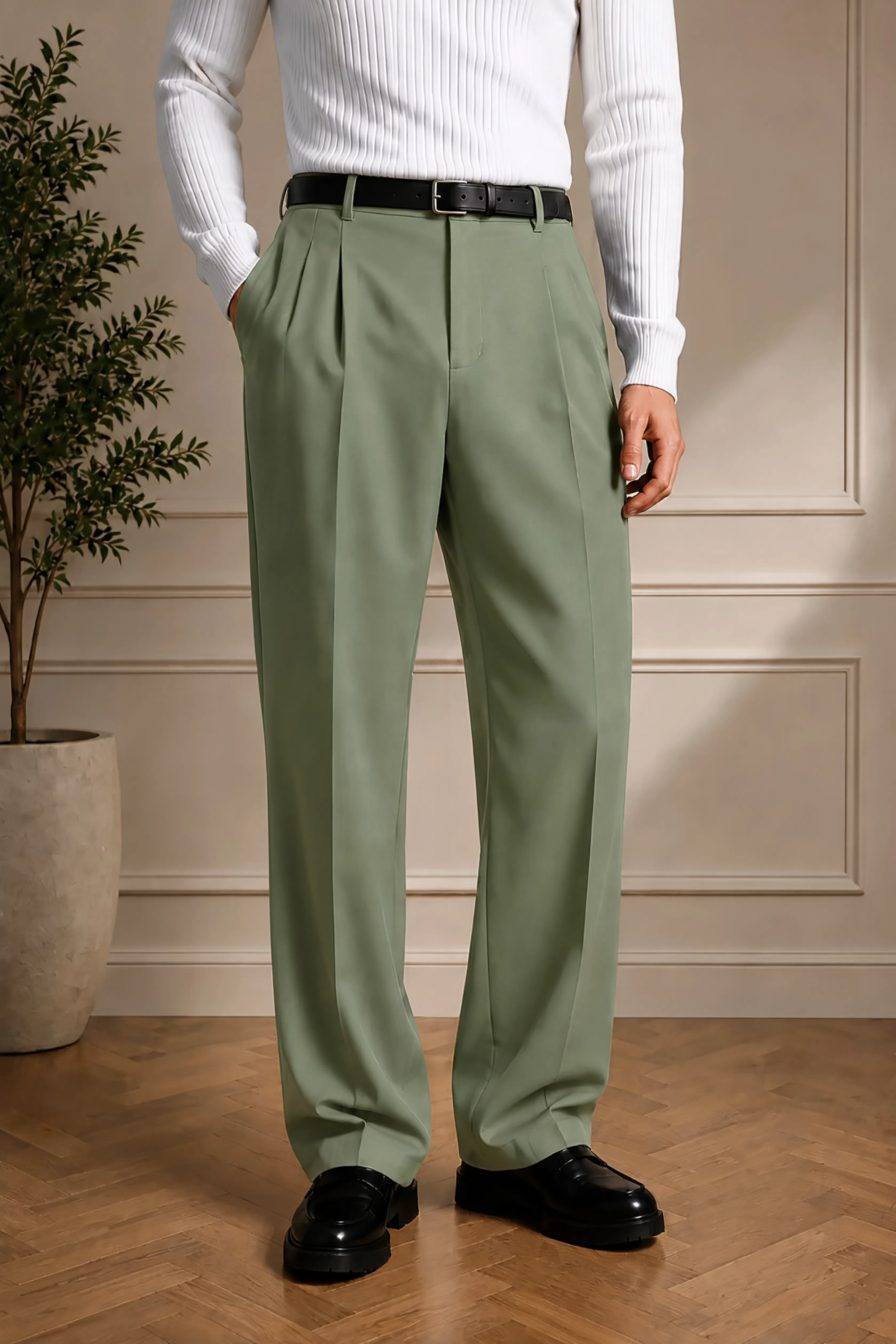 Men's olive dress pants with black belt, pleated waist, and straight legs