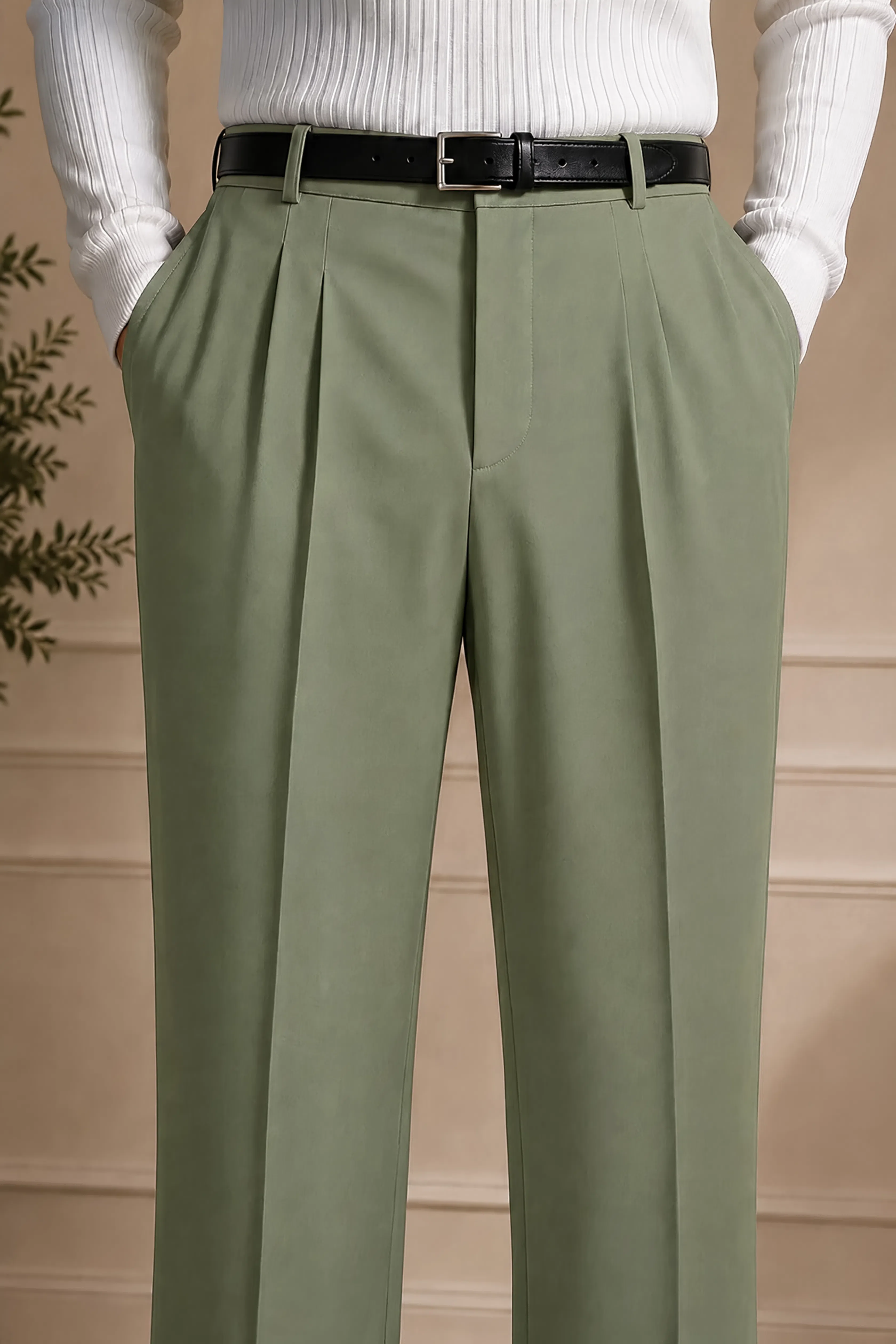 Men's olive dress pants close-up: pleated front and black belt with buckle