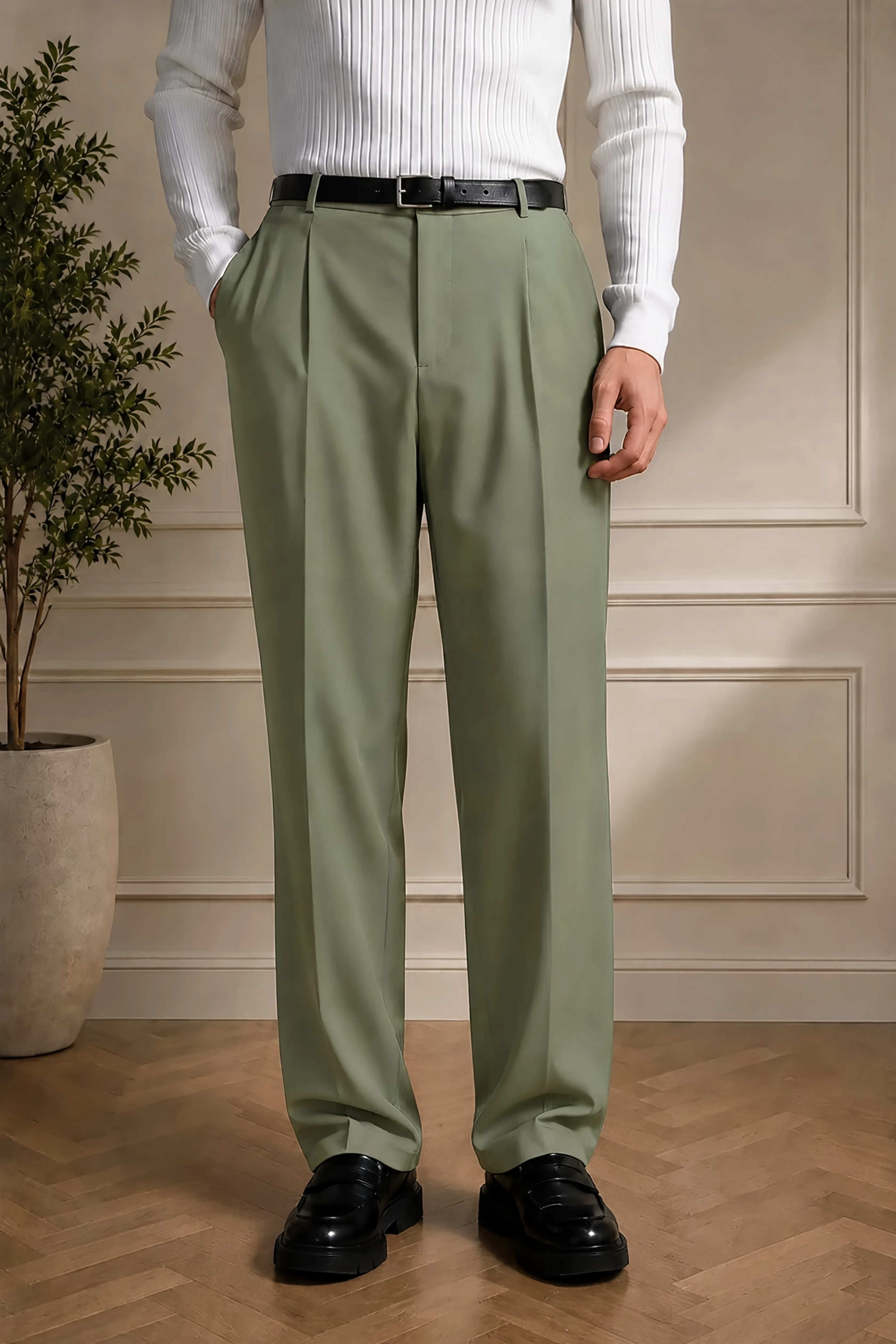 Men's olive dress pants with black belt and front pleats, full-length