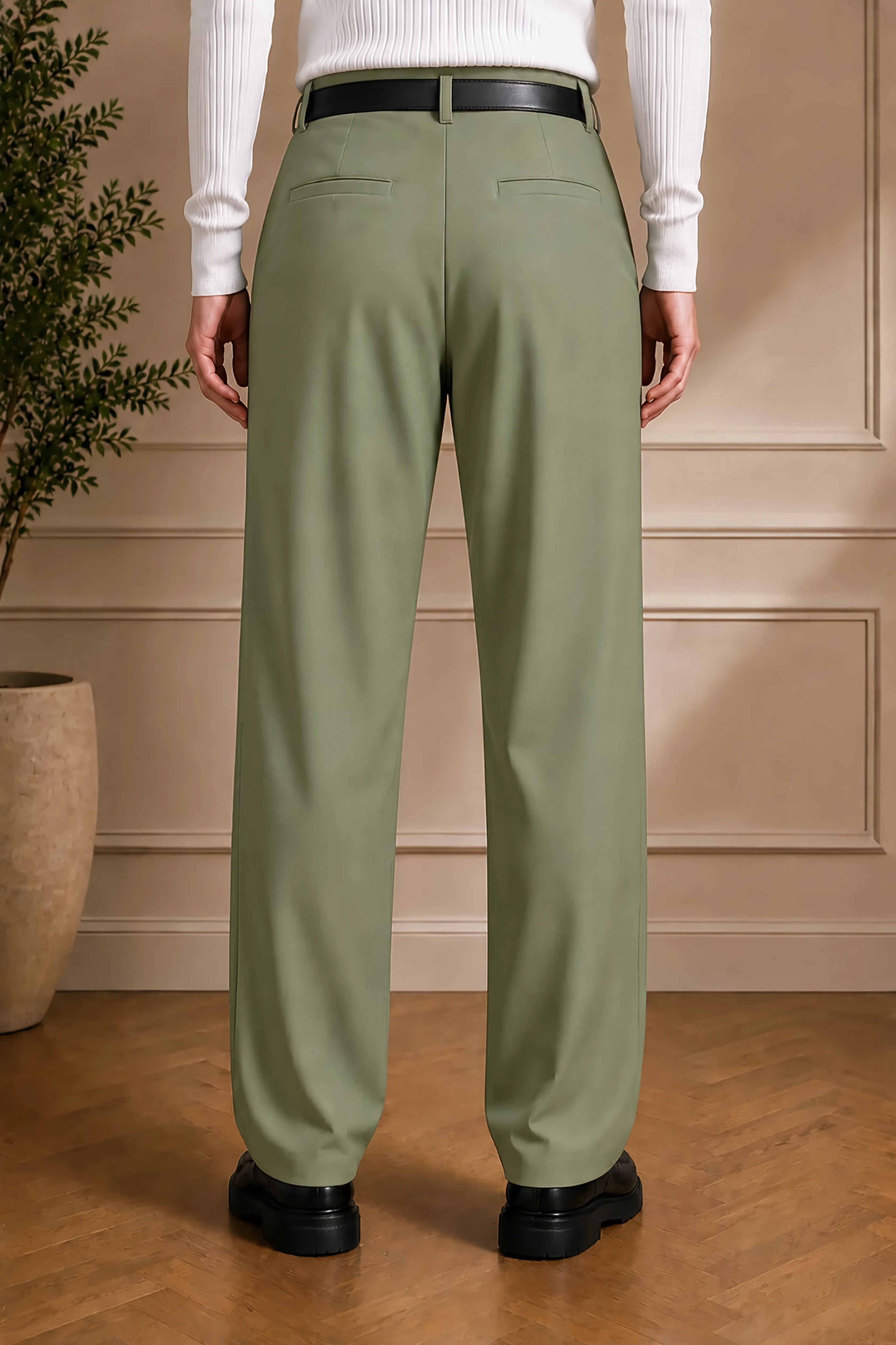 Men's olive dress pants back view with black belt and back welt pockets