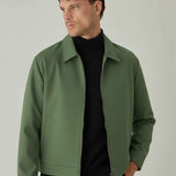 Men's green jacket with zip closure and pointed collar, front view